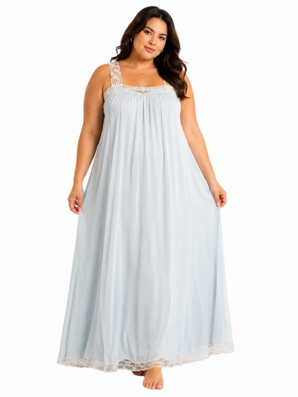 60s/70s European Vintage Silky Lace Accent Maxi Slip Dress (Aqua/White) L/XL